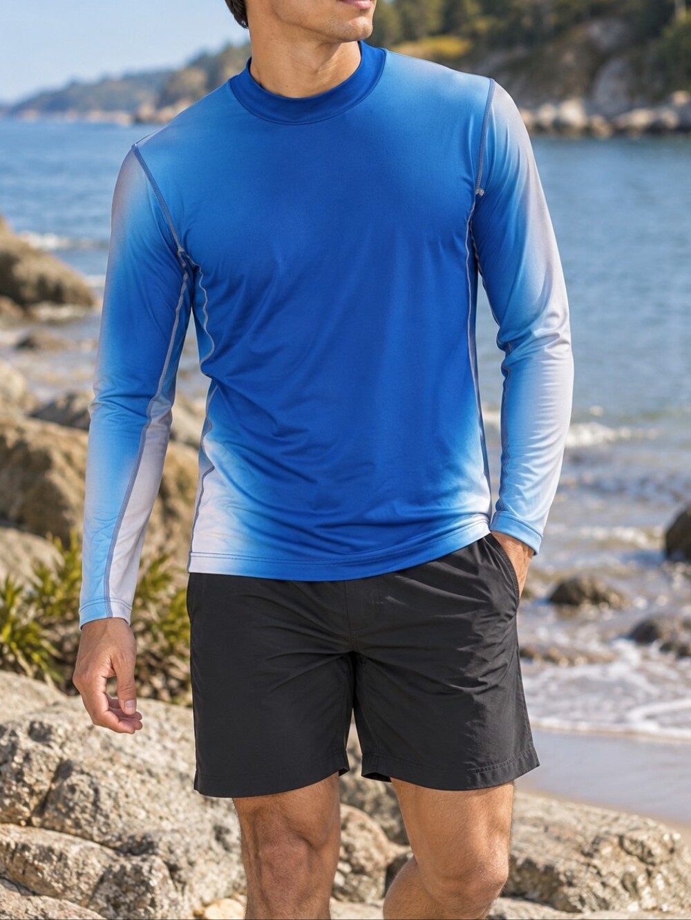 Nike Men’s Blue Ombre Long Sleeve Rash Guard Swim Surf Athletic Top